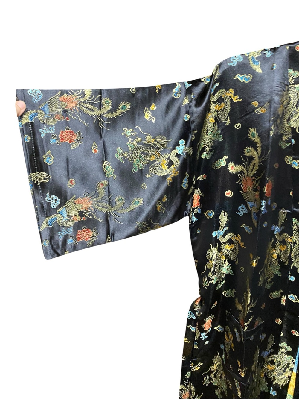 Black Gold satin kimono robe traditional Asian dragon embroidery Boho Whimsical - Picture 7 of 14